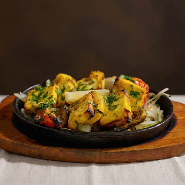 Ambar India Restaurant's paneer tikka, garnished with cilantro and lemon, served on a sizzling platter.
