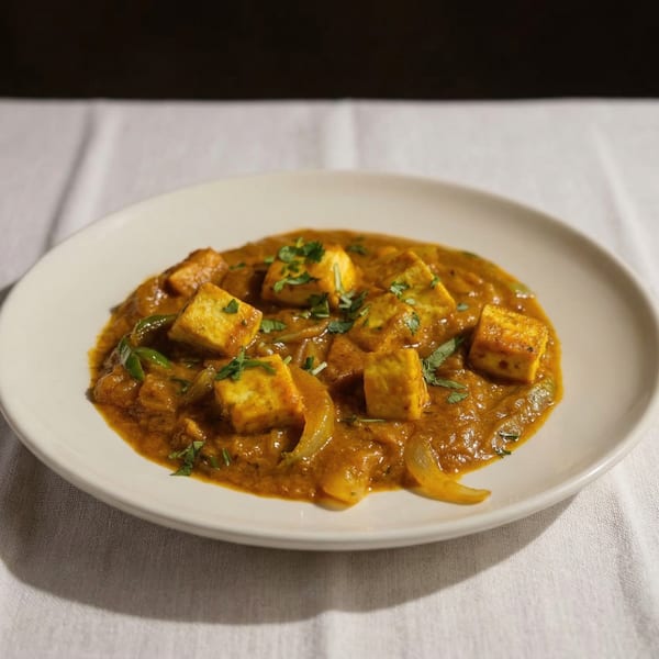 Ambar India Restaurant's paneer curry with onions and cilantro, served on a white plate.