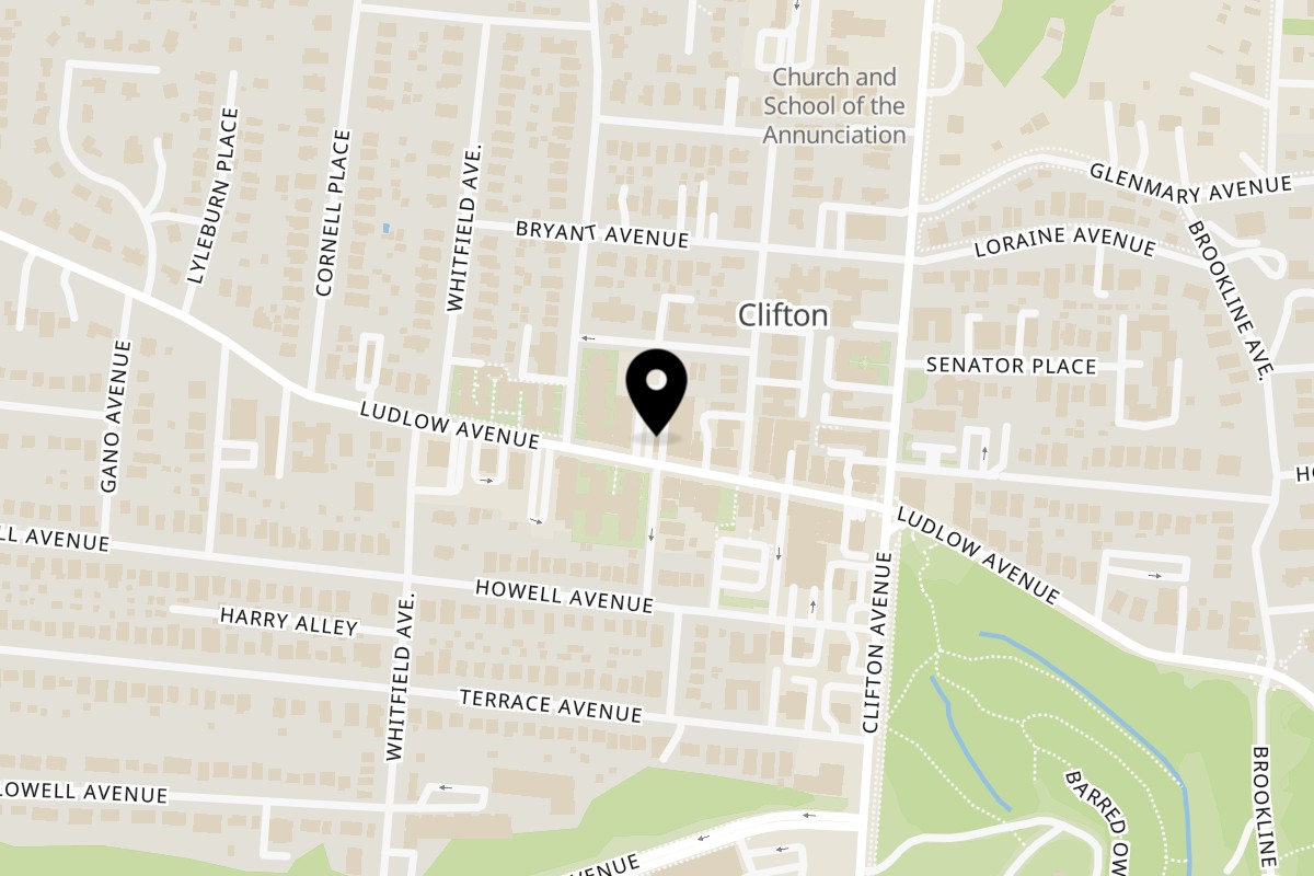 Map showing the location of Ambar India Restaurant on 350 Ludlow Ave in Cincinnati